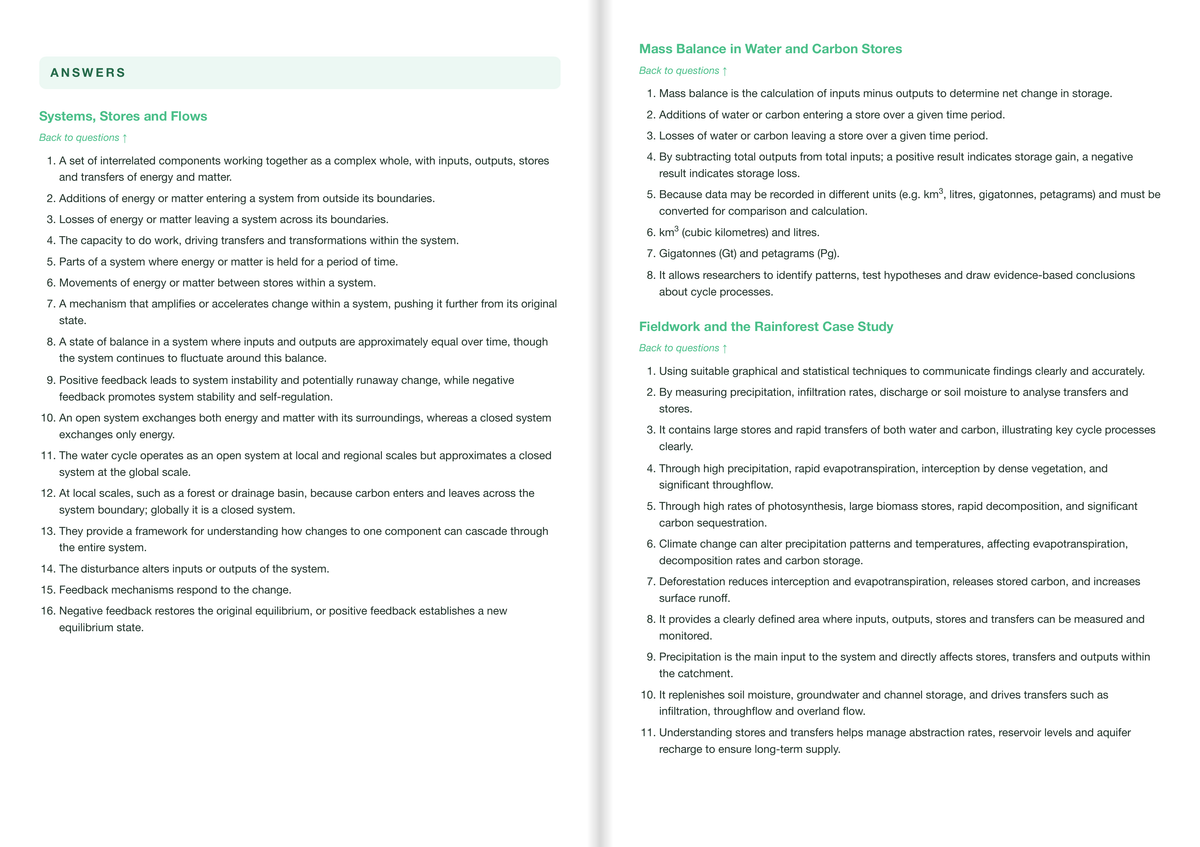 AQA A-Level Geography Active Recall Guide: Answers - Water and Carbon Cycles