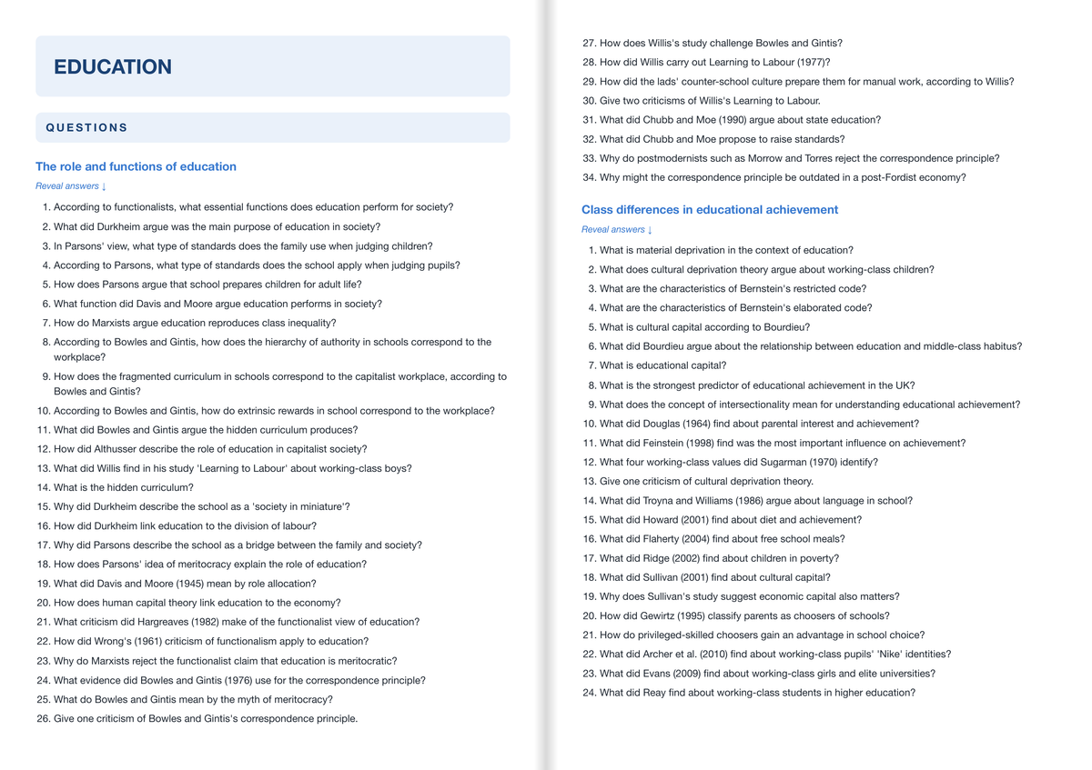 AQA A-Level Sociology Active Recall Guide: Questions - Education