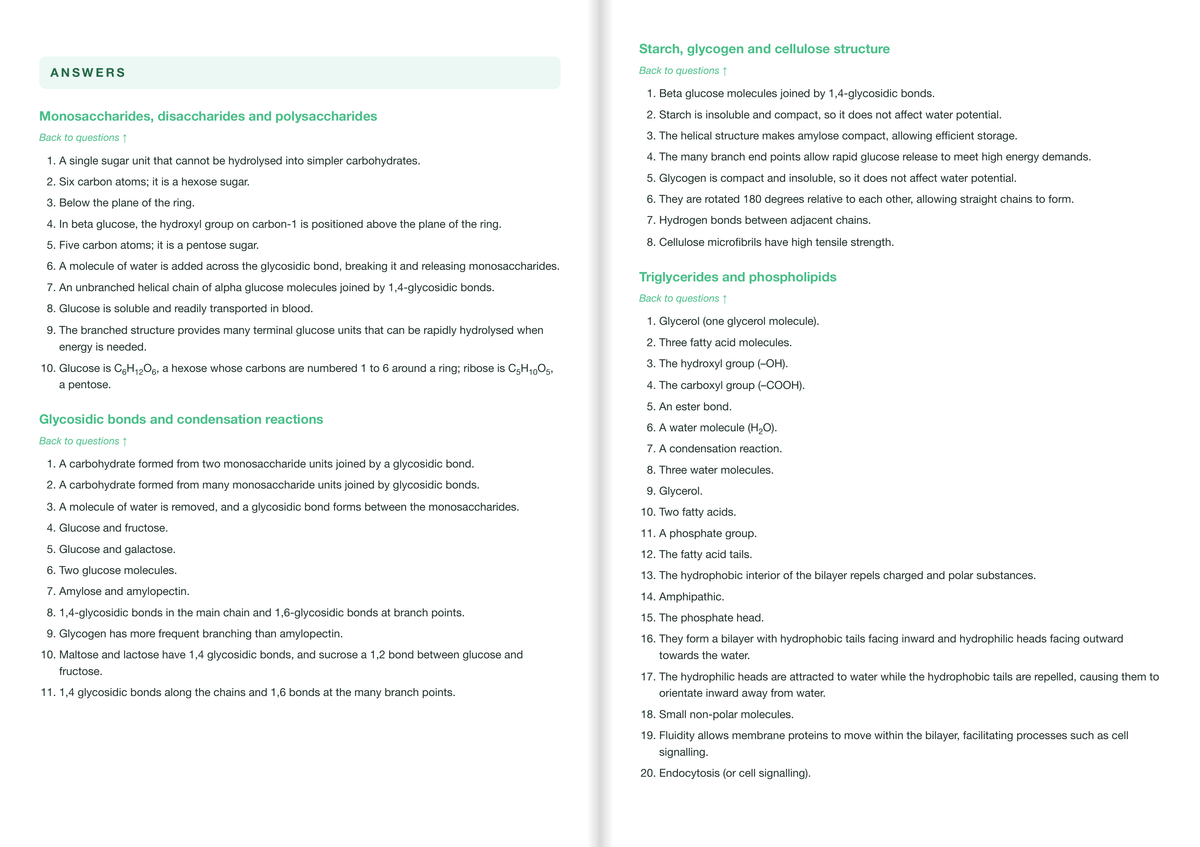 Edexcel A-Level Biology B Active Recall Guide: Answers - Biological Molecules