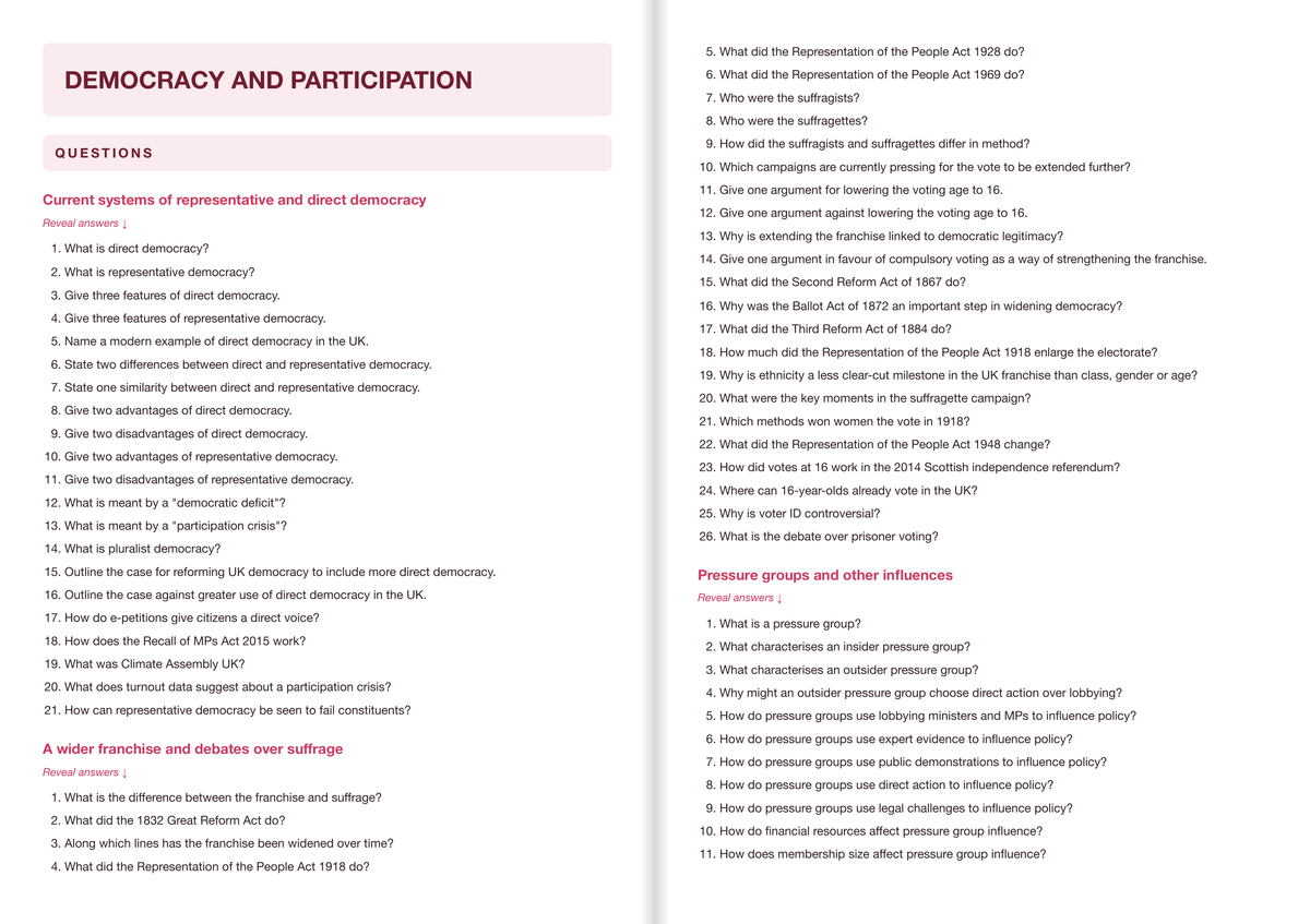 Edexcel A-Level Politics Active Recall Guide: Questions - Democracy and Participation
