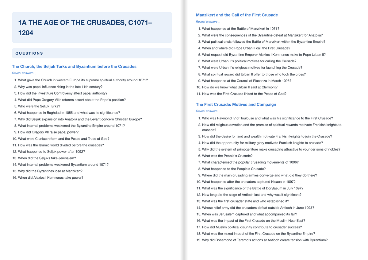 AQA A-Level History Active Recall Guide: Questions - 1A The Age of the Crusades, c1071–1204