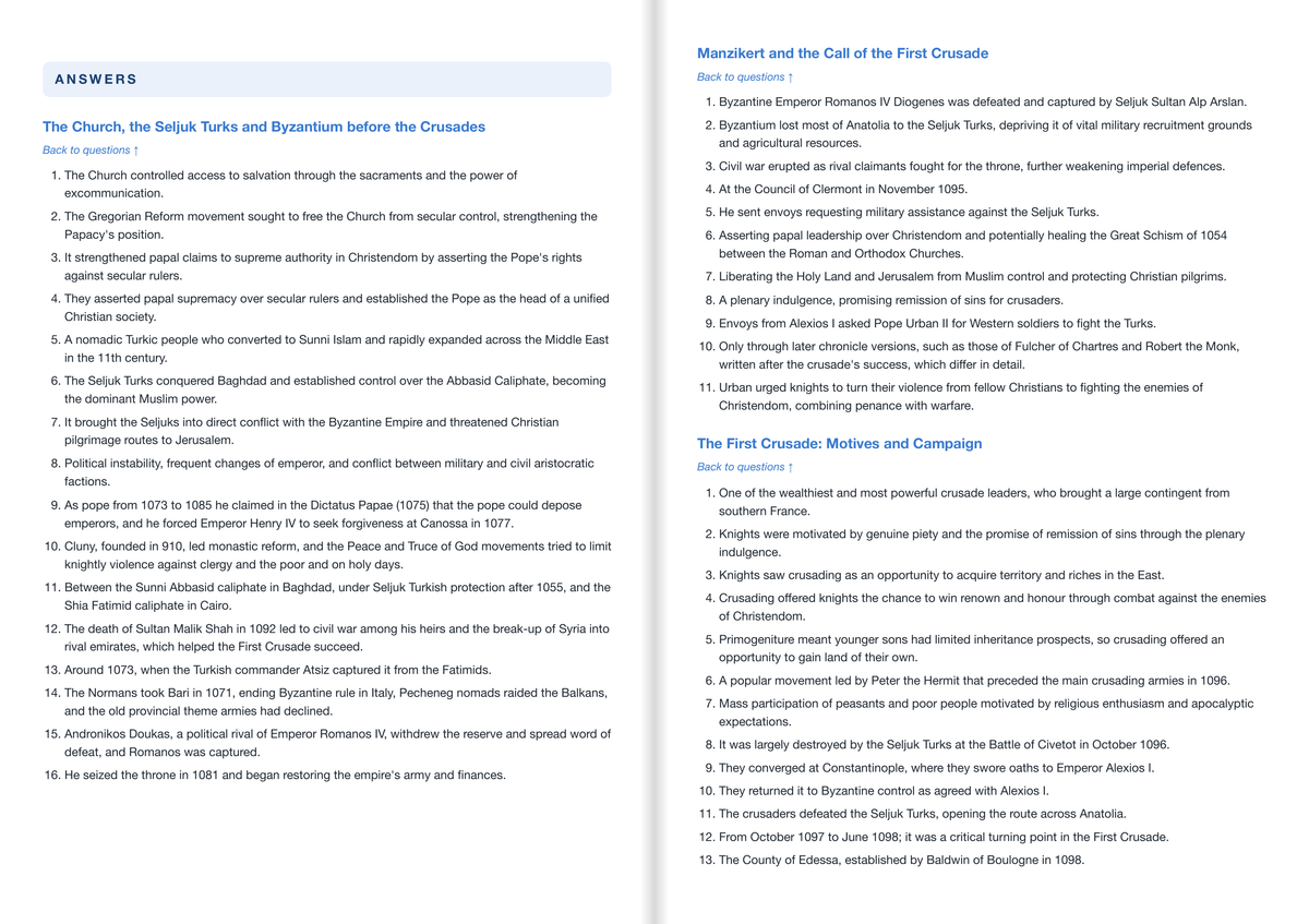 AQA A-Level History Active Recall Guide: Answers - 1A The Age of the Crusades, c1071–1204