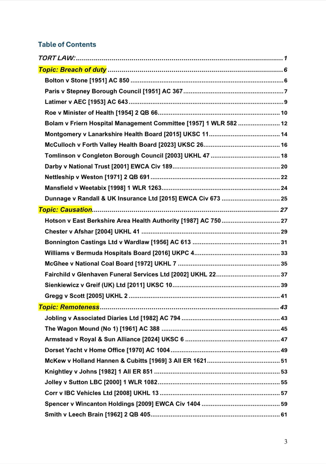 Tort Law Case Summary Books