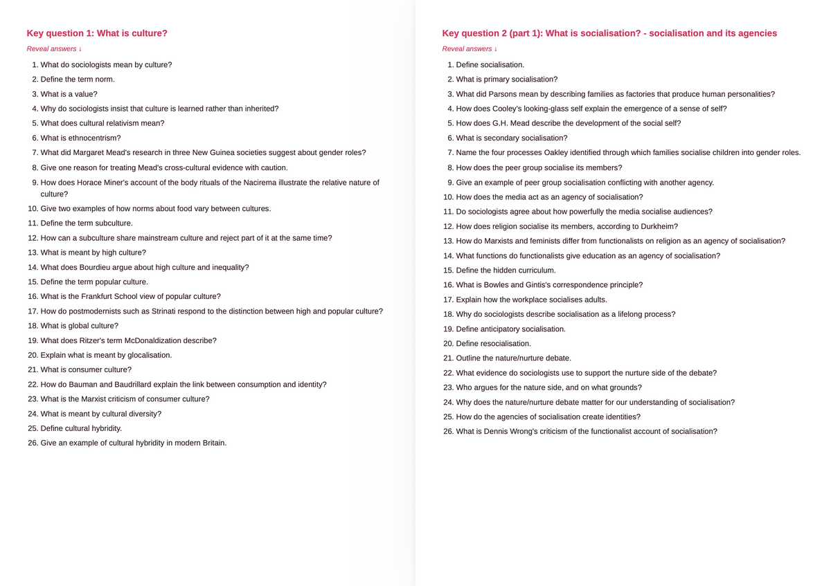 OCR A Level Sociology- ACTIVE RECALL