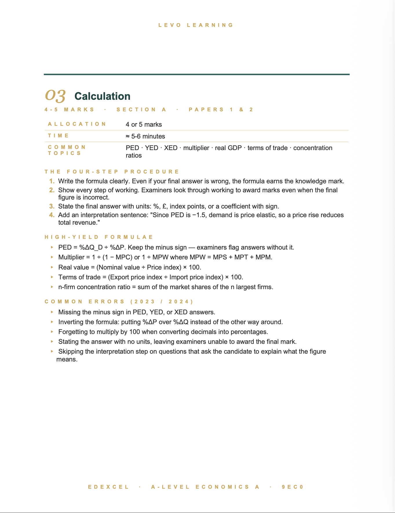 EDEXCEL A Level Economics A- Cheat Sheet/ Exam Manual