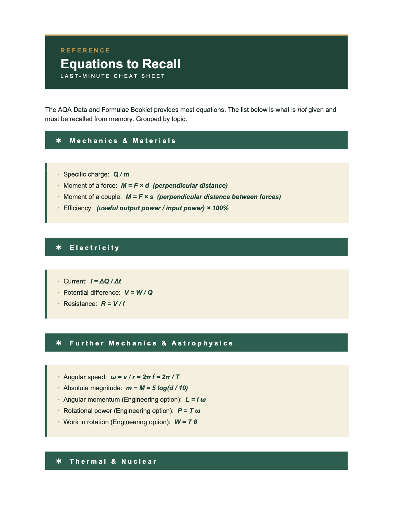 AQA A Level Physics- Cheat Sheet/ Exam Manual